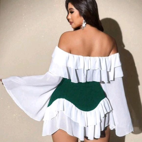 Shein Viva Relle 2XL Women's Elegant Romantic Sexy Green & White Ruffle Dress - Picture 6 of 7